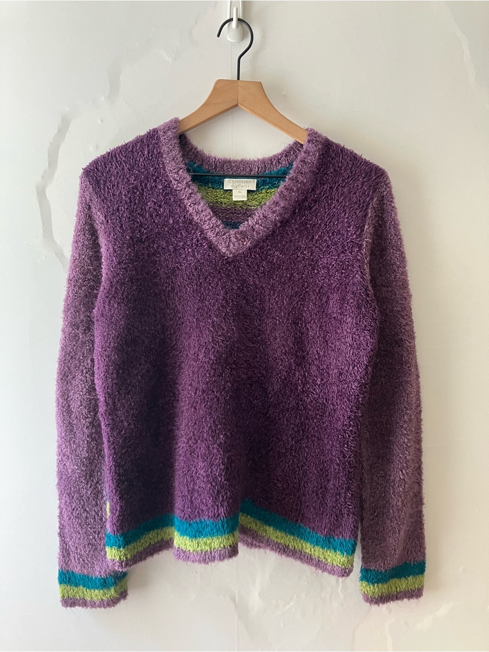 CHRISTOPHER & BANKS Fuzzy Striped V-Neck Sweater